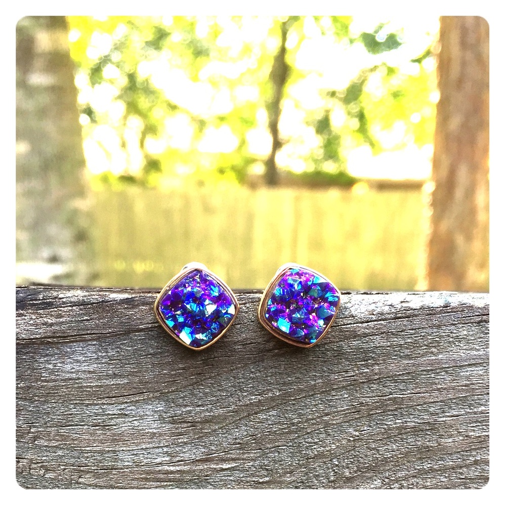 blue purple gold druzy stone stud earrings