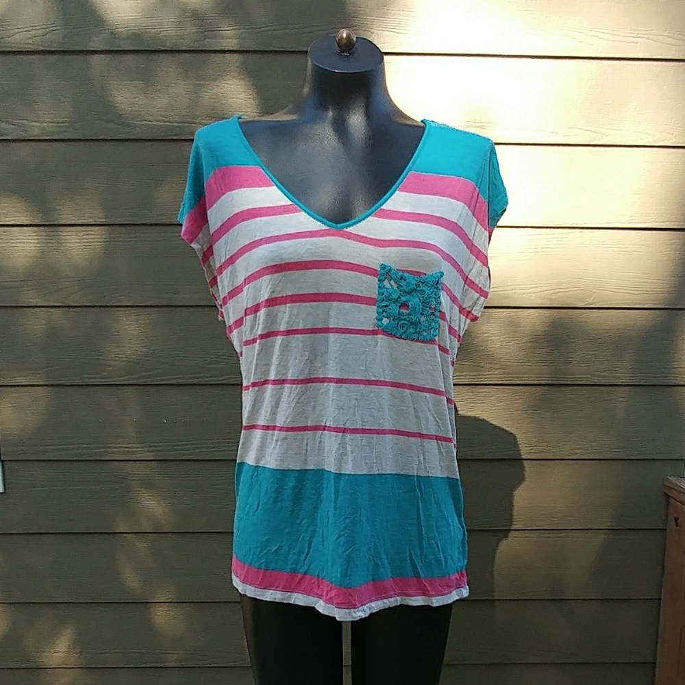 Pink teal pale gray striped lace xl tshirt