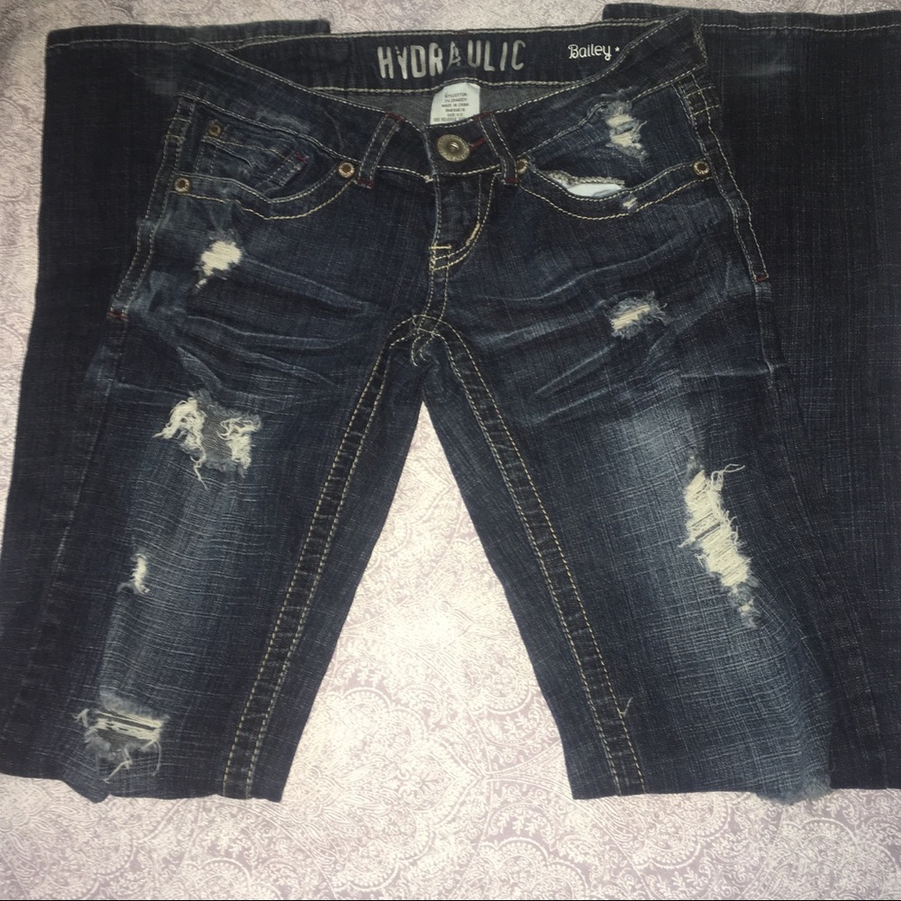 Distressed boot cut hydraulic jeans