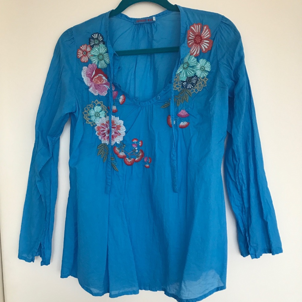 Blue floral embroidered top