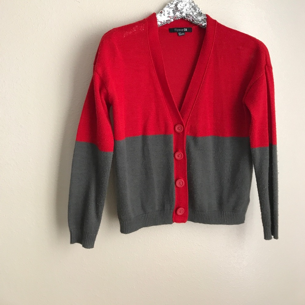 Red and gray color blocked cardigan