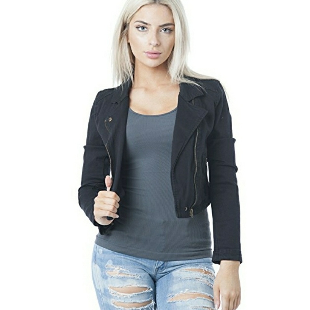 NWT Black Label Cropped Denim Motorcycle Jacket