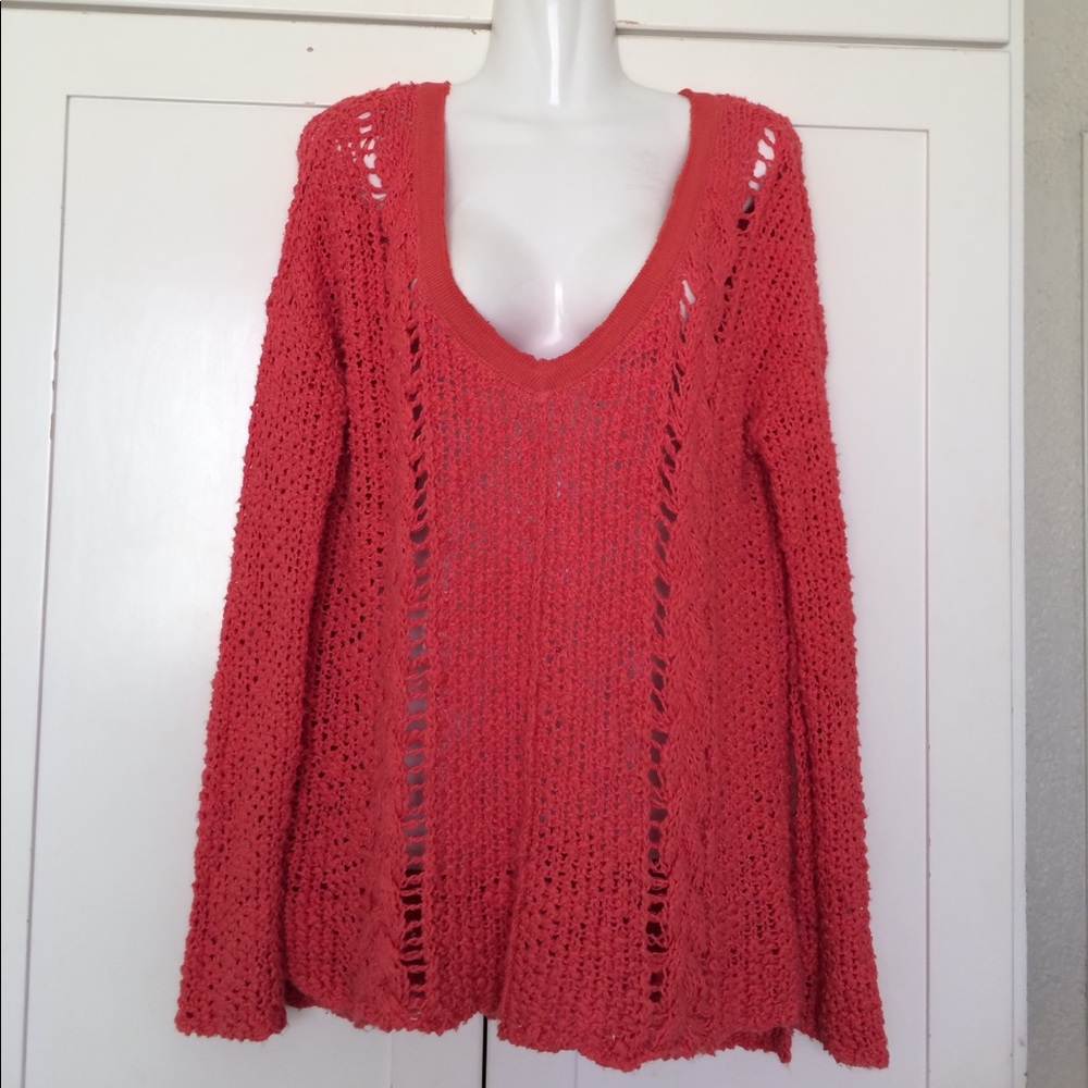 FREE PEOPLE Cable Knit Coral Pink Pullover