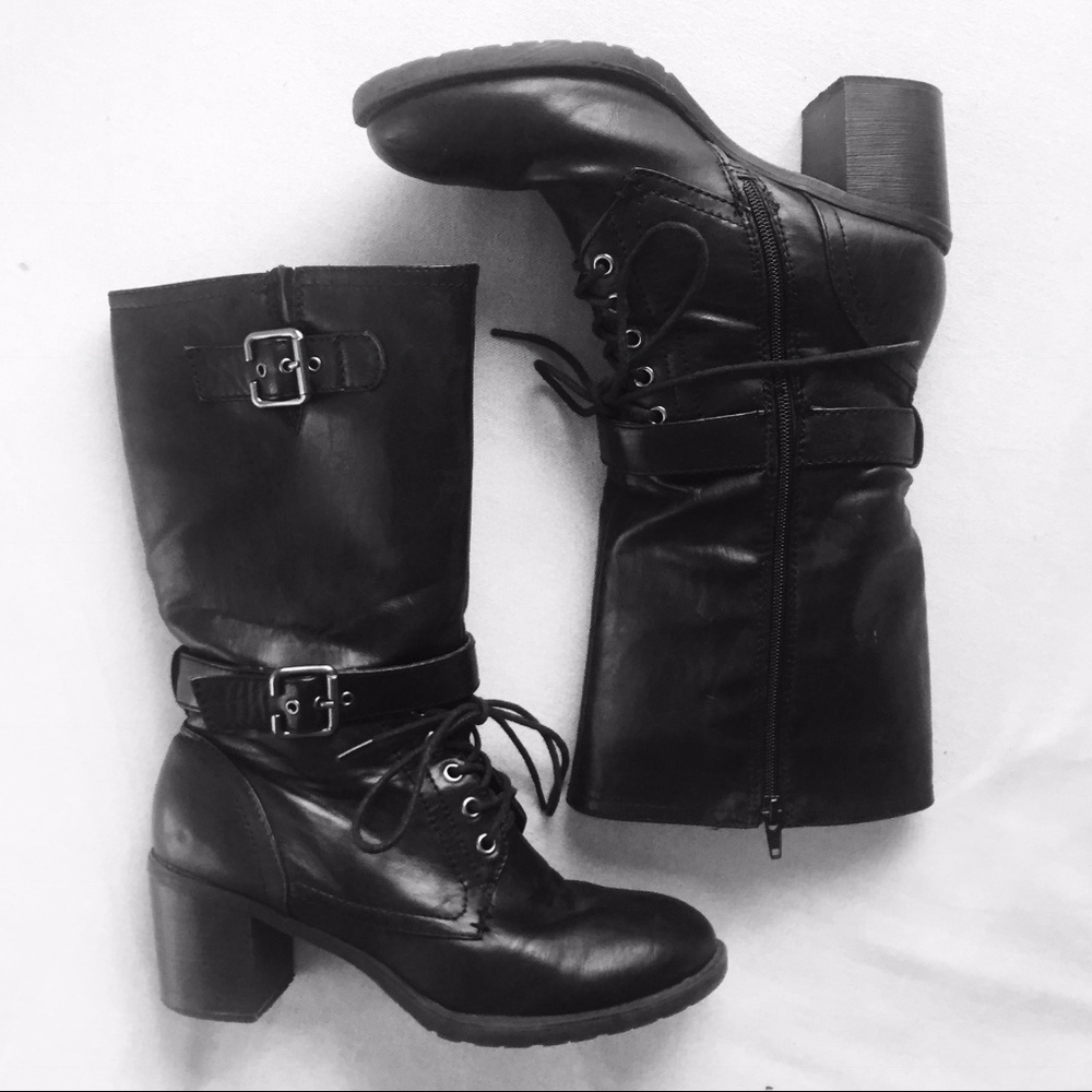 Octavia Black Midcalf Heeled Combat Boots