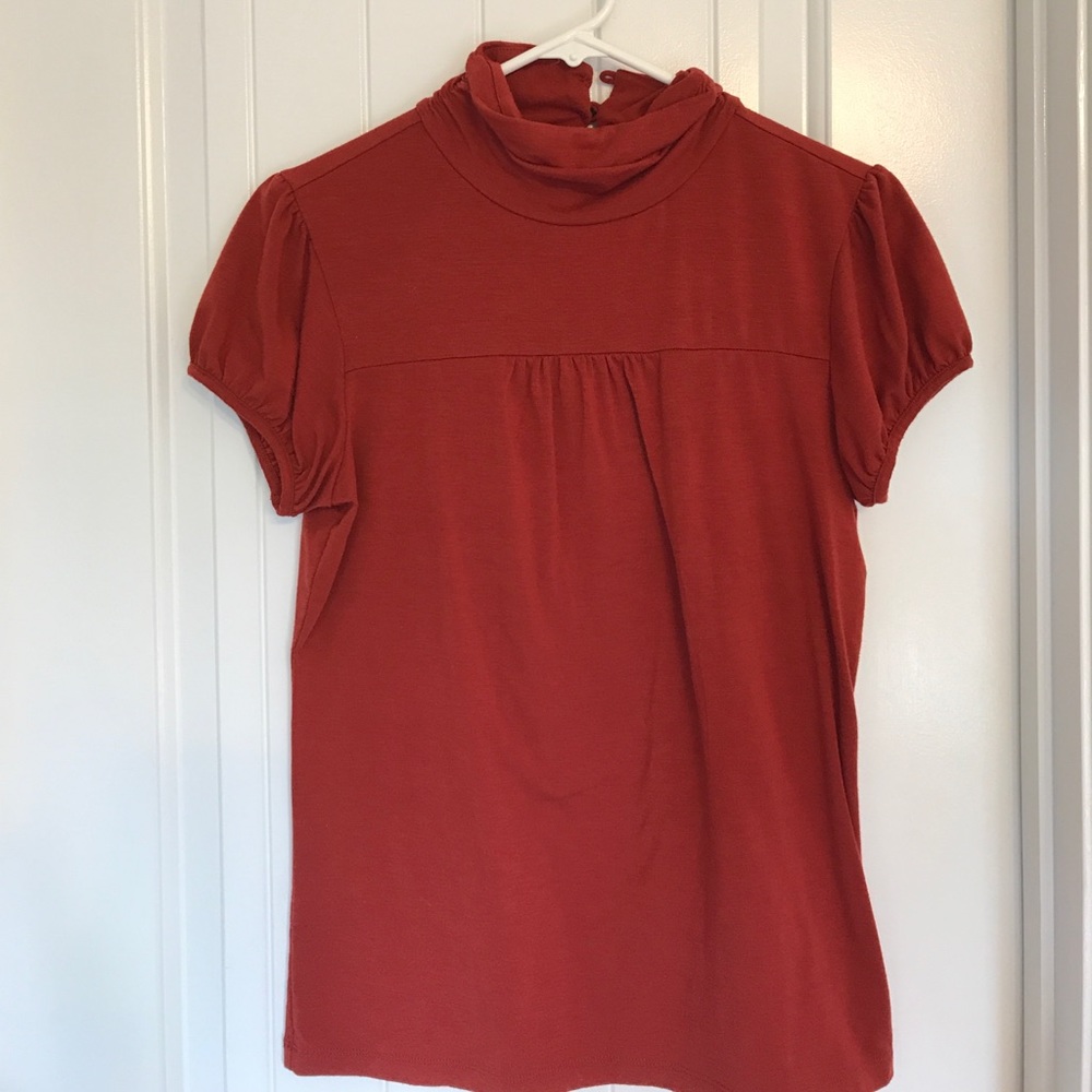MED BR burnt orange cowl neck top. Button detail