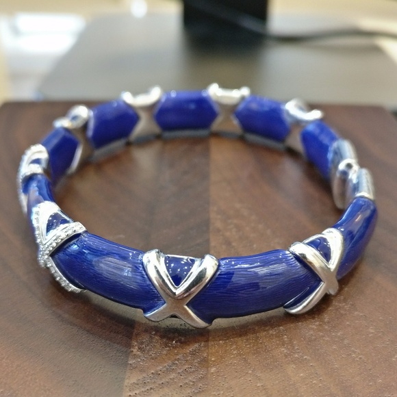 SOLD - White Gold & Diamond "X" Oval Blue Bracelet - Picture 5 of 8