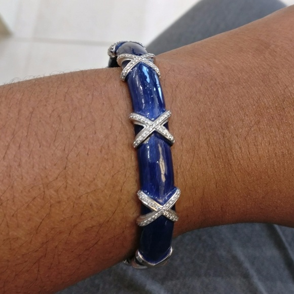 SOLD - White Gold & Diamond "X" Oval Blue Bracelet - Picture 2 of 8