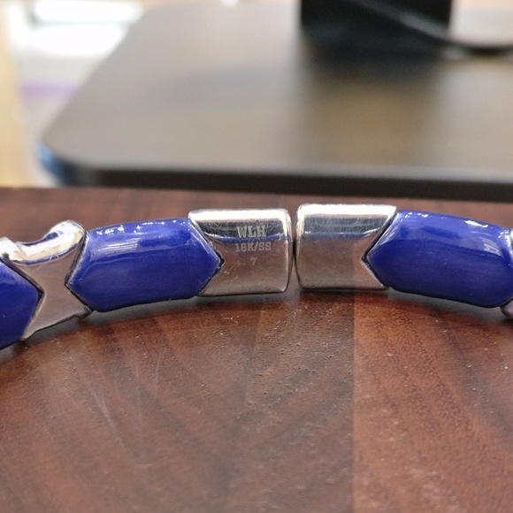 SOLD - White Gold & Diamond "X" Oval Blue Bracelet - Picture 6 of 8