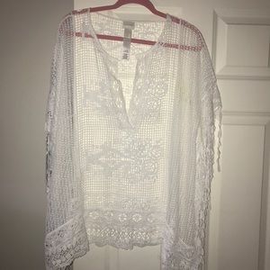 White knitted lace sheer sweater poncho