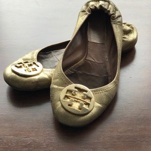 Tory Burch Size 10 Reva Flats Gold- Very Worn