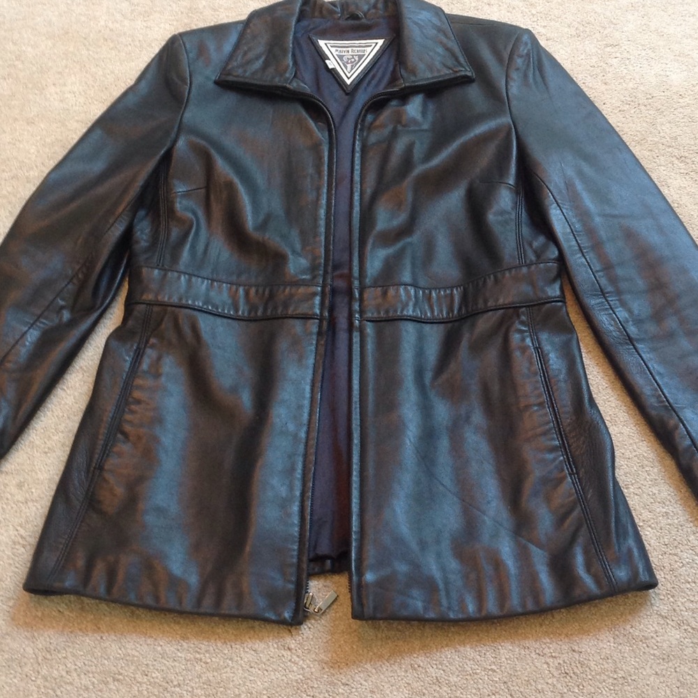 Black leather car coat w/zipper & high collar