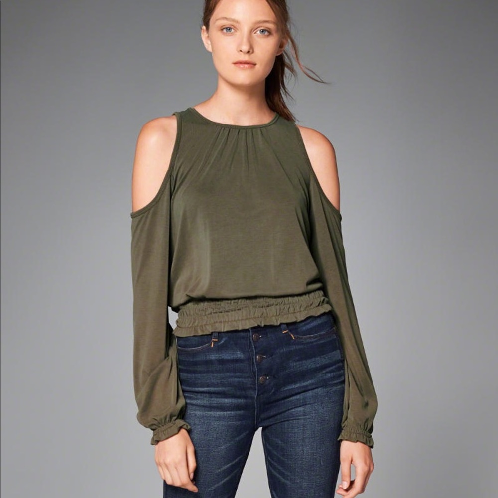 A&F Grey Cold Shoulder Long Sleeve Top
