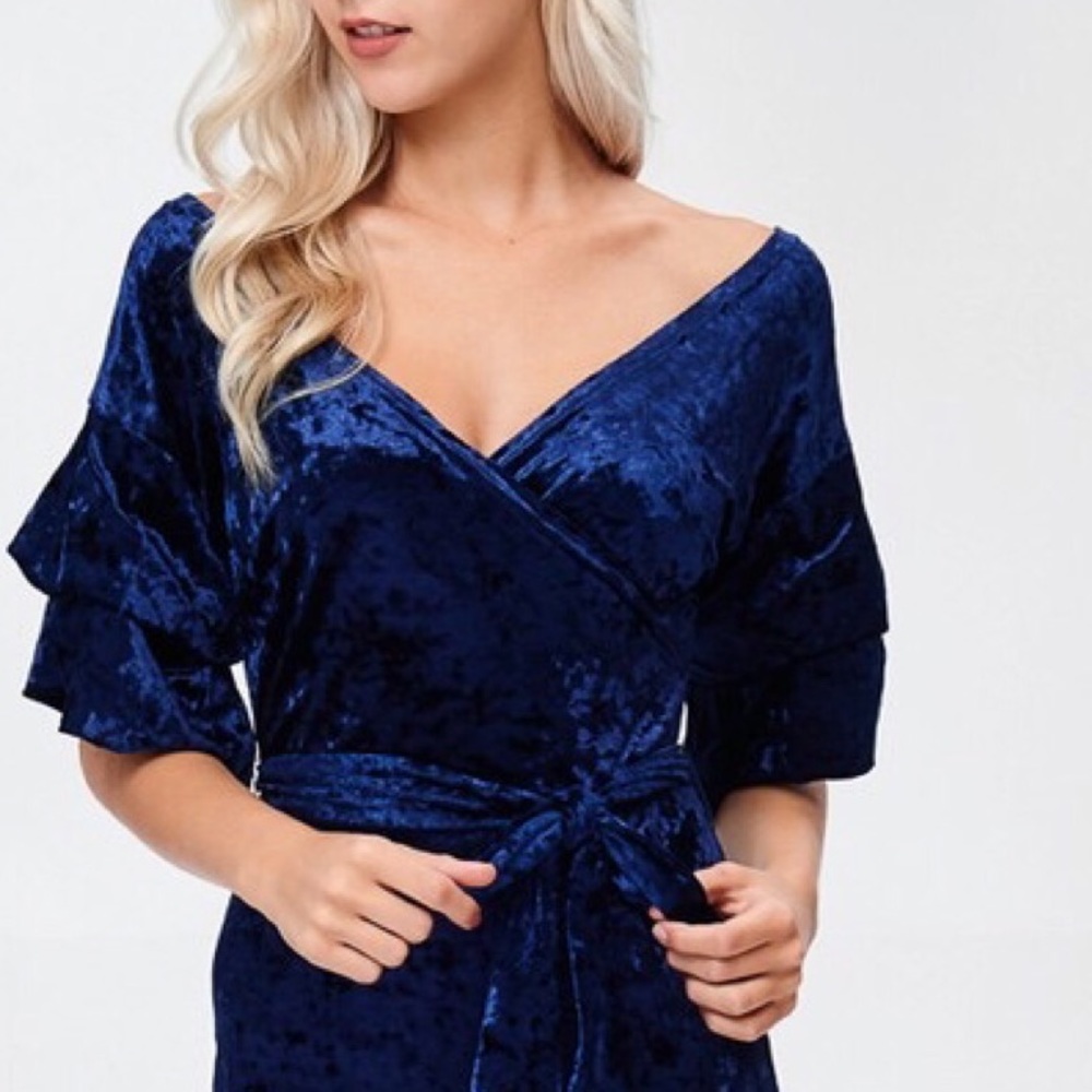 Royal Blue Ice Velvet Tiered Sleeve & Tie Waist - Picture 7 of 7