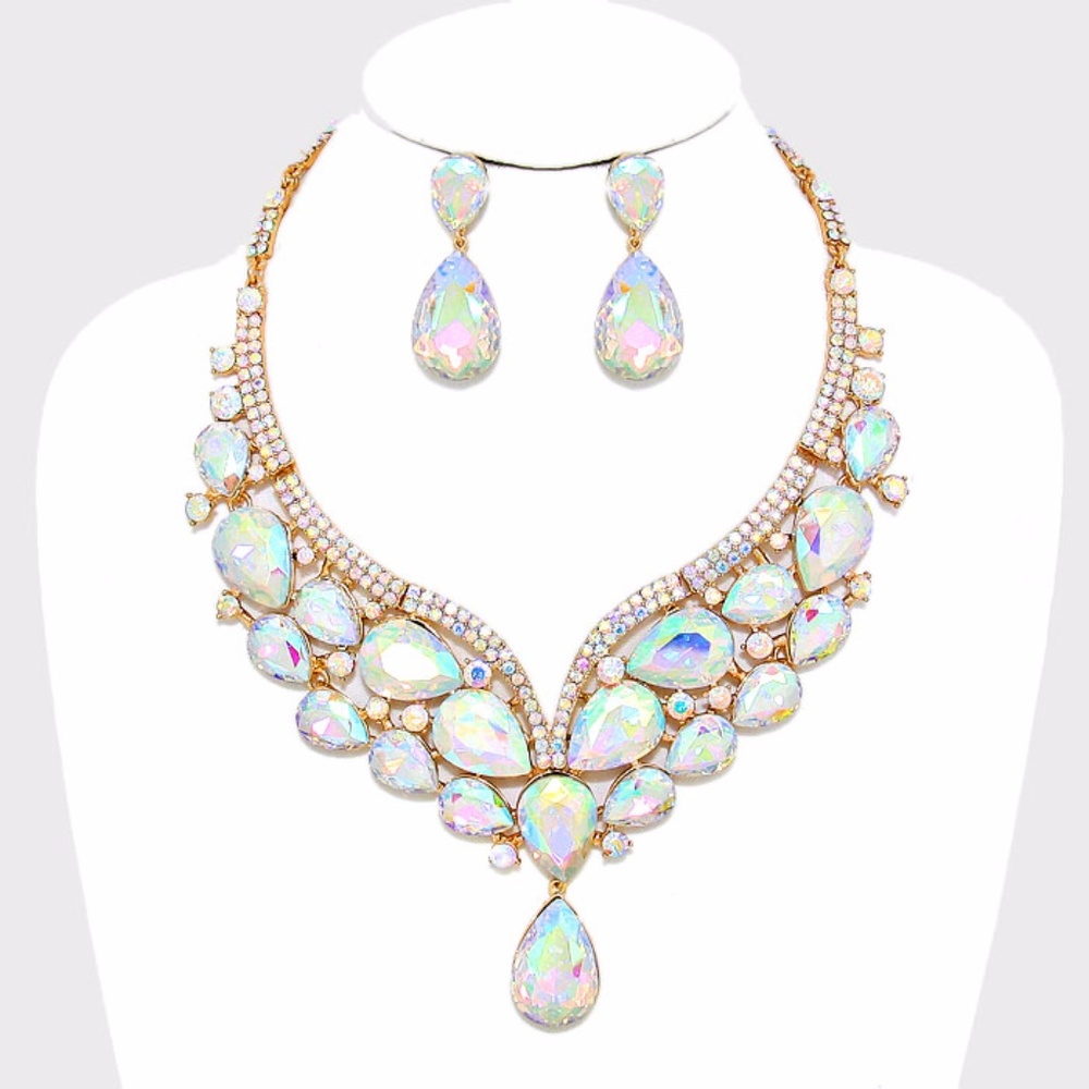 Crystal Rhinestones Teardrop Cluster Necklace Set