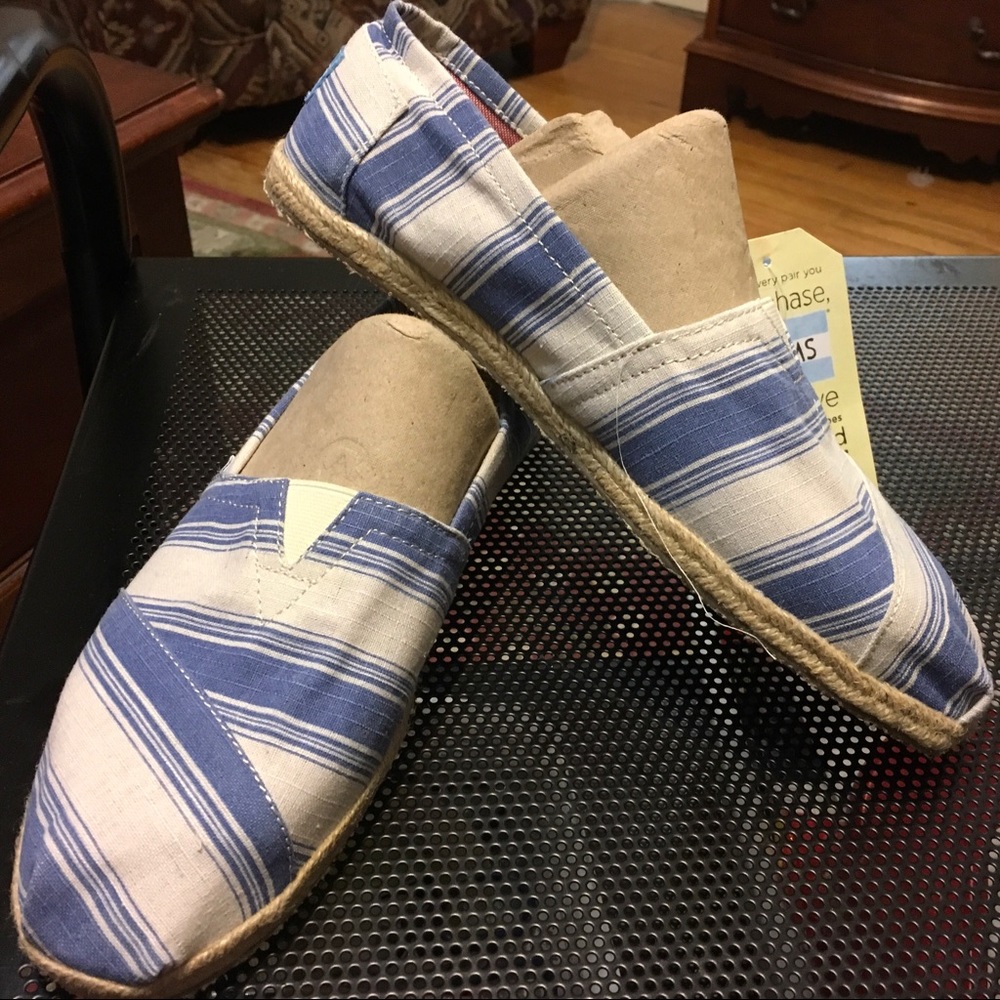 Toms Blue/white Umbrella Stripe Flats New W 10