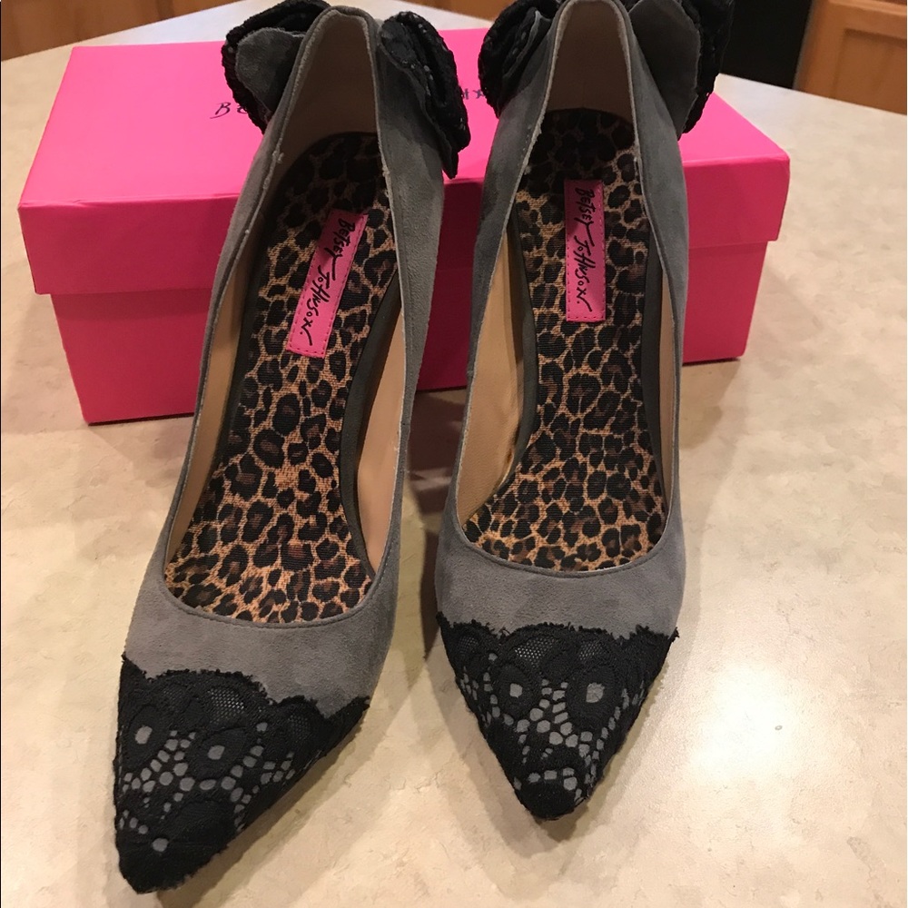 4 1/2 inch heel grey suede heels with black lace.