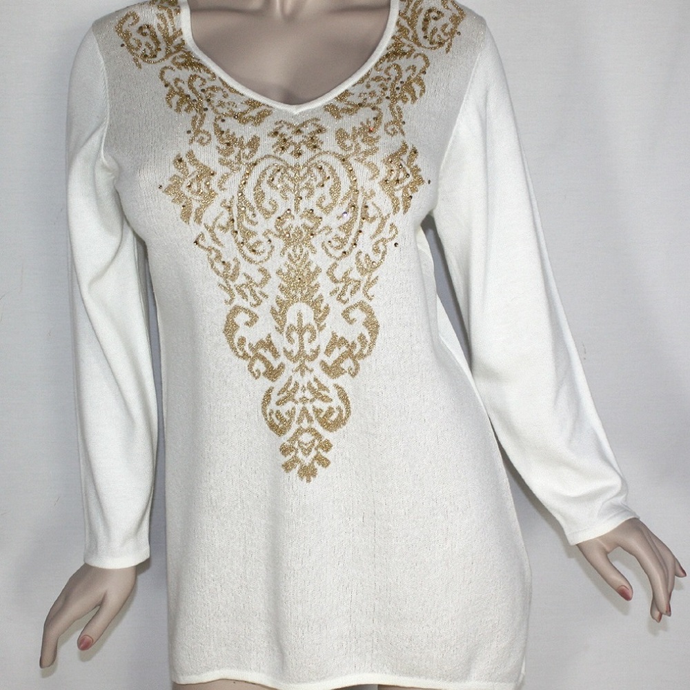 New Reba Women's V-Neck Pullover Sweater Ivory XL