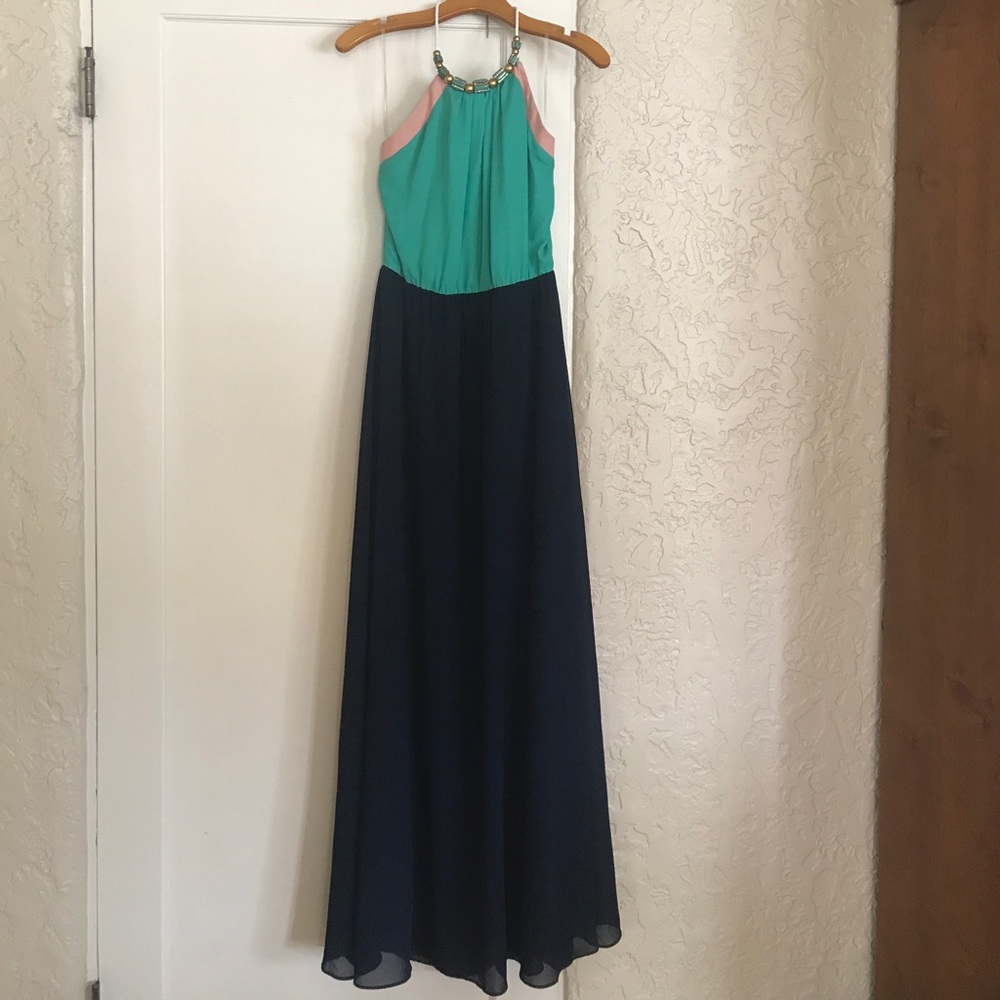 Navy blue and green halter dress with beaded neck