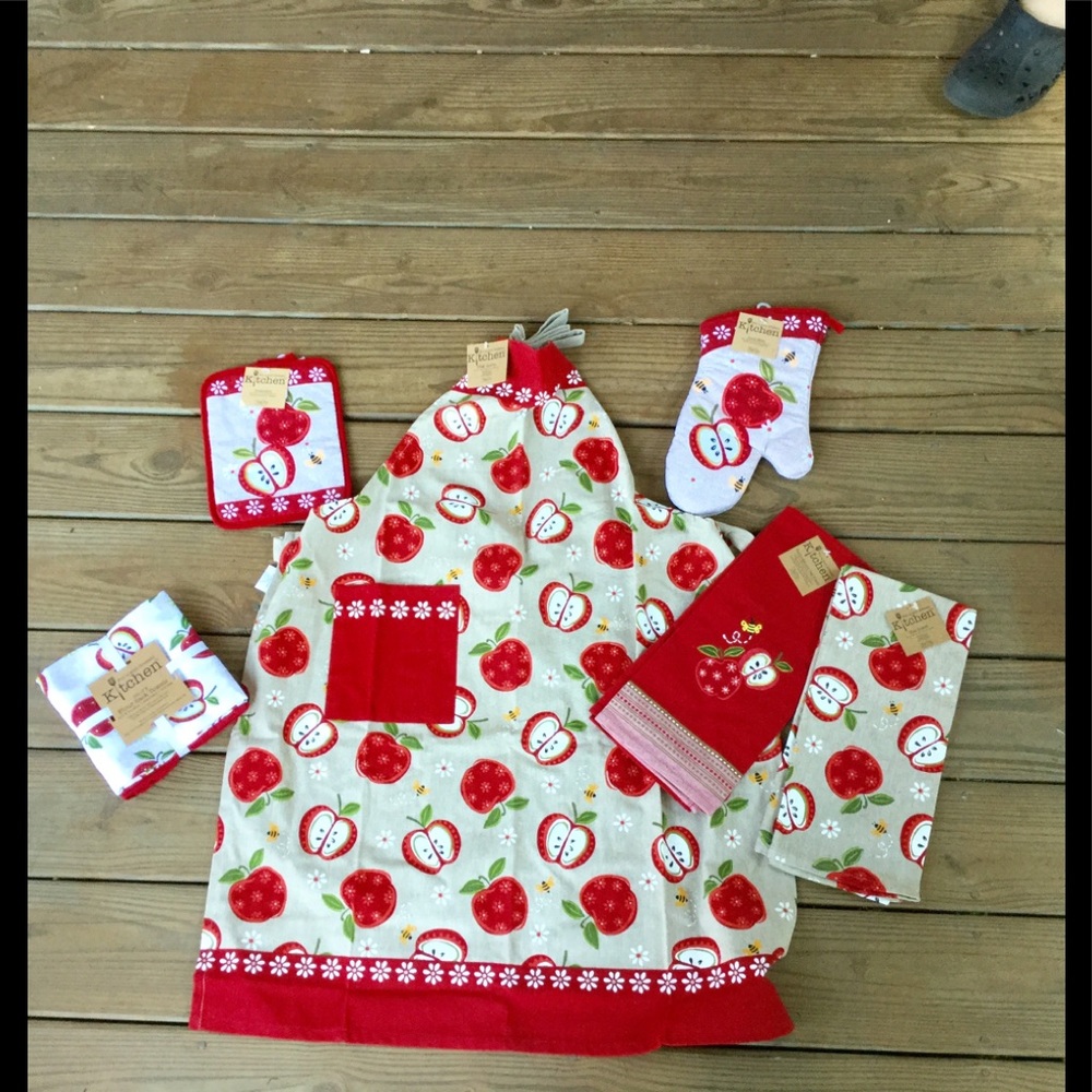 Kay Dee's Apple Apron,Linen/ Hot Pad Set 8pc Total