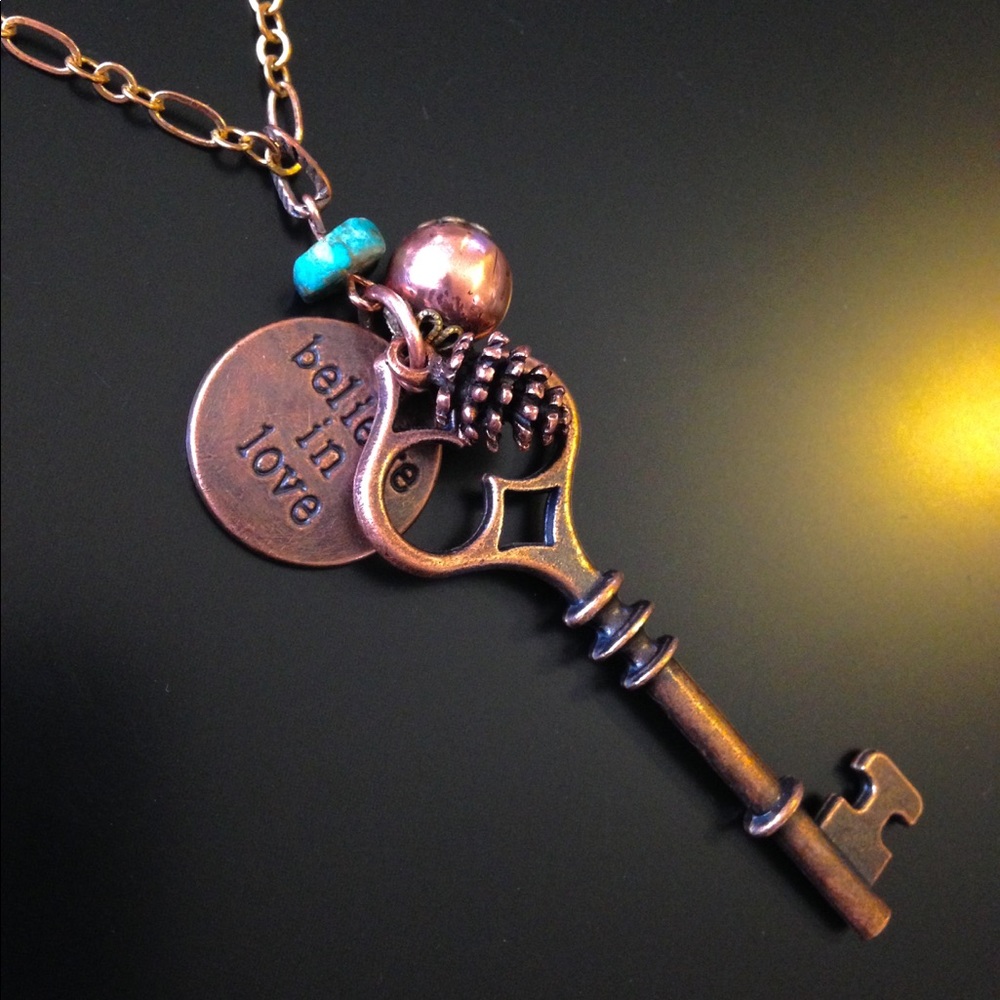ARTISAN Copper Key Necklace, Turquoise, Pine Cone