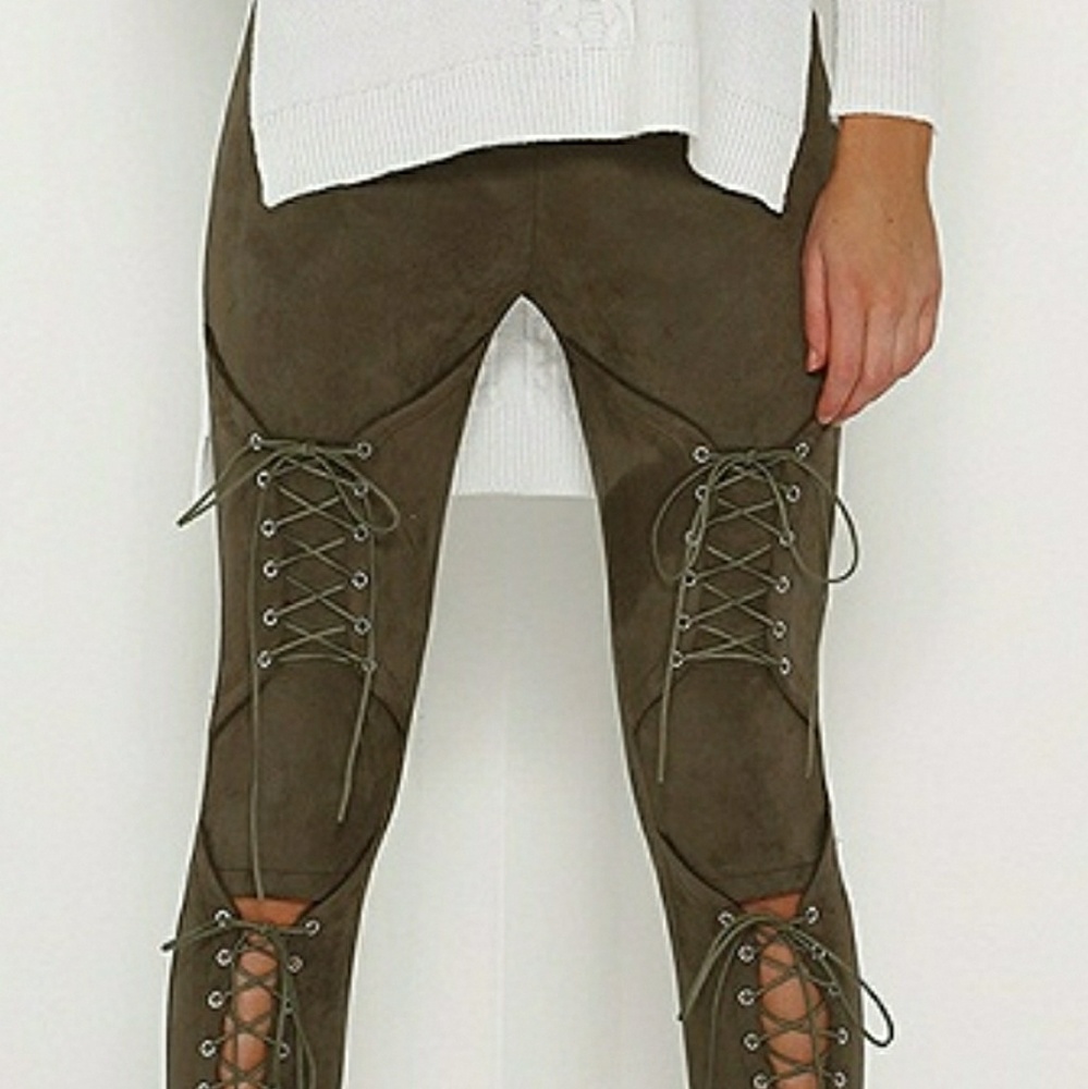 Army Green Lace Skinny Pants Suede
