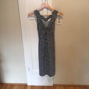 Sleeveless black and white dress.