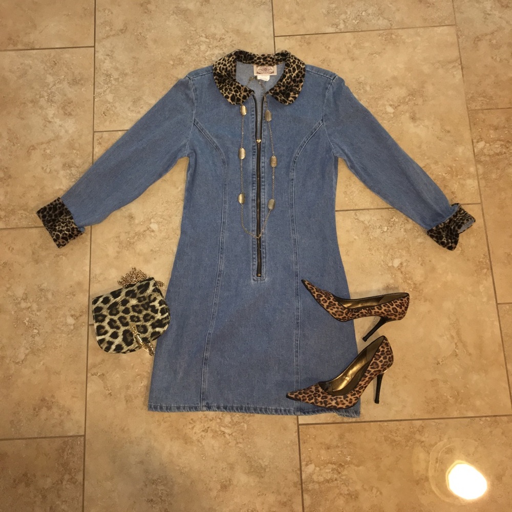 Grass Raggs Denim Dress with Leopard Trim