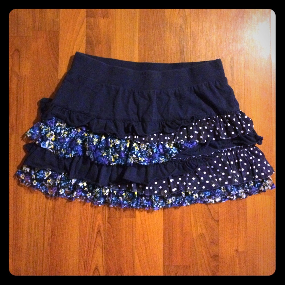 Justice skirt, blue with lace & floral trimming