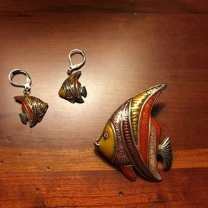 Vintage Fish Necklace Charm/Pin and Earrings