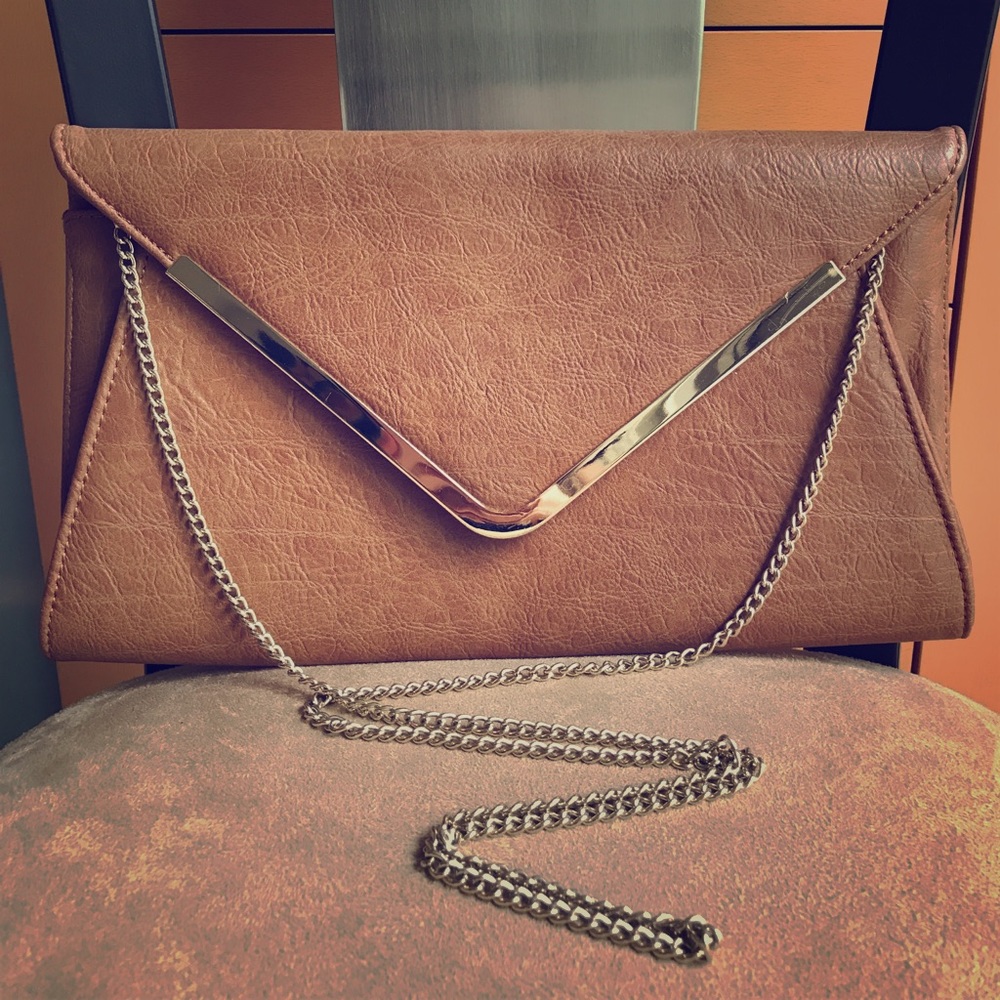 Large Cognac Envelope Clutch with Chain