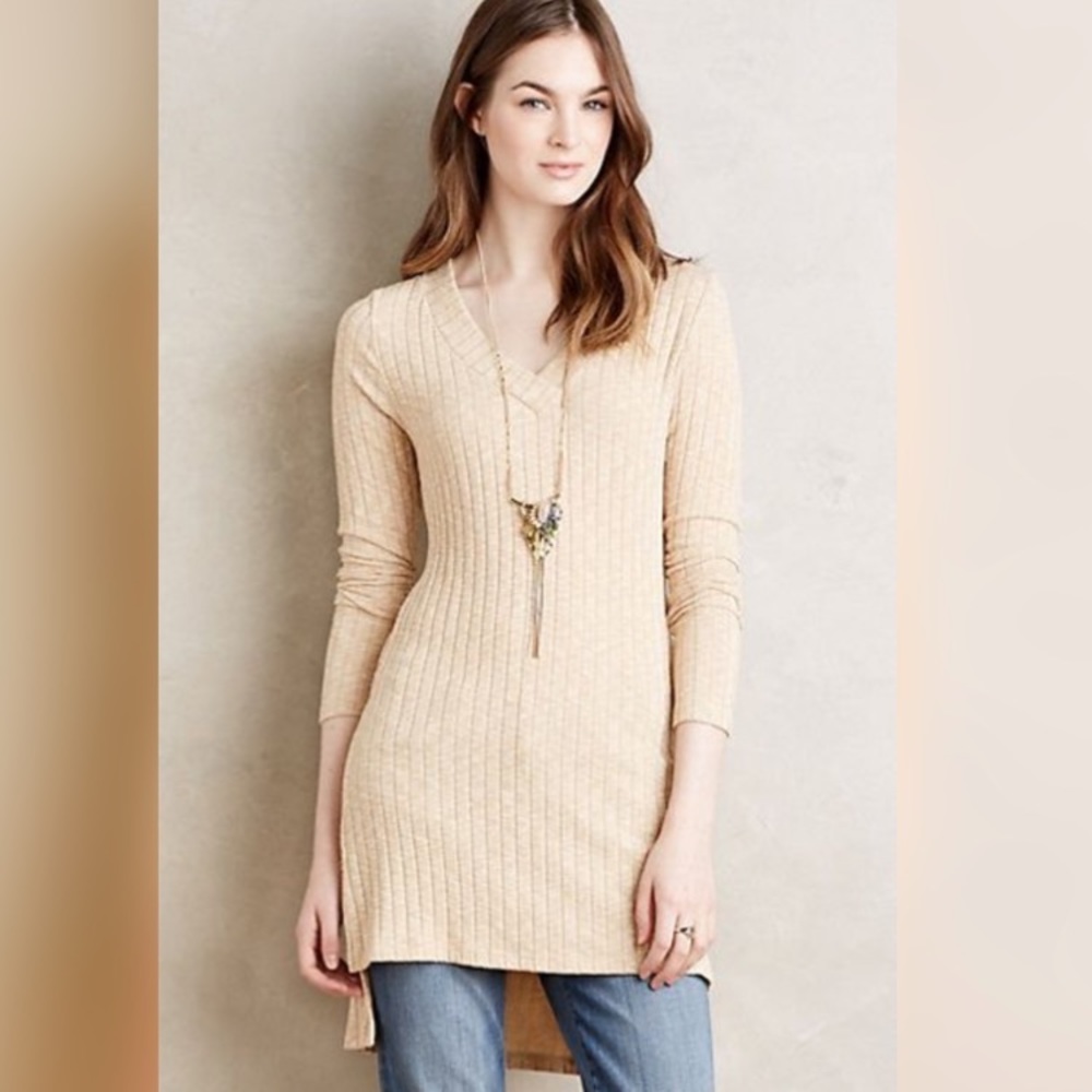 NWT Anthropologie Beige Ribbed V-Neck Tunic S
