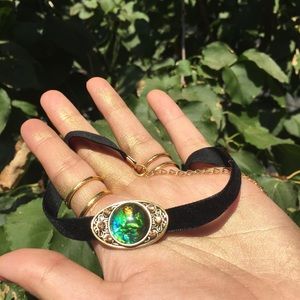 Green iridescent pendant black velvet choker Green iridescent pendant black velvet choker