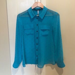 Slightly sheer turquoise long sleeve dress shirt.