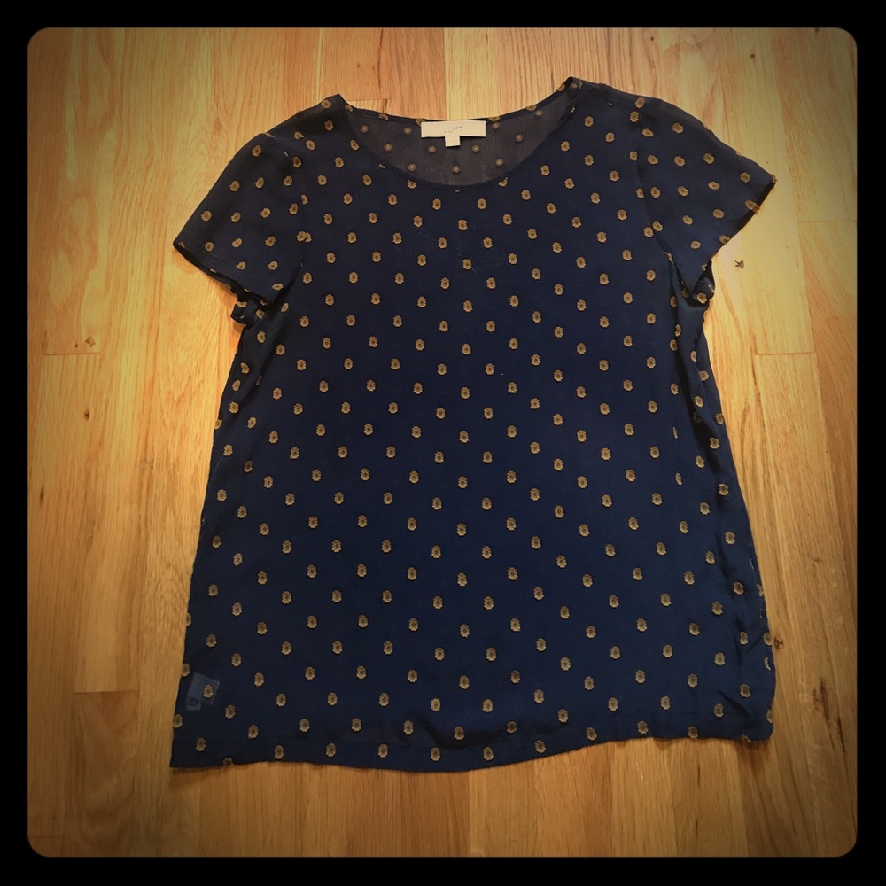 Sheer navy blue with gold design,short sleeve top