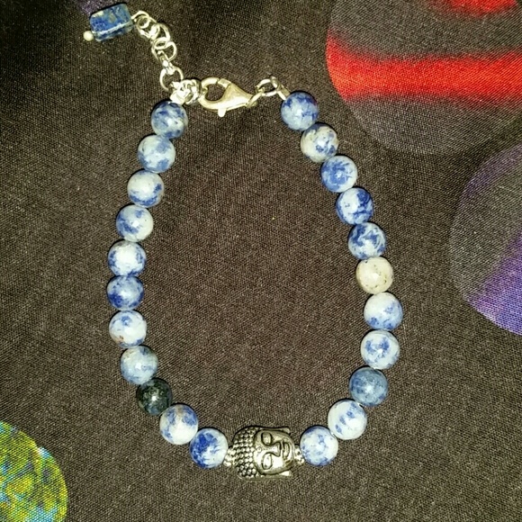 Sodalite Stone beads silver Buddha head bracelet - Picture 1 of 3