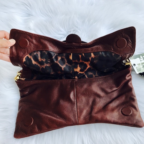 B. Makowsky Gold Buckle Flap Satchel Clutch