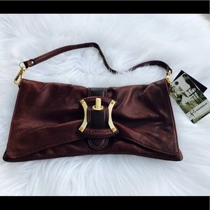 B. Makowsky Gold Buckle Flap Satchel Clutch