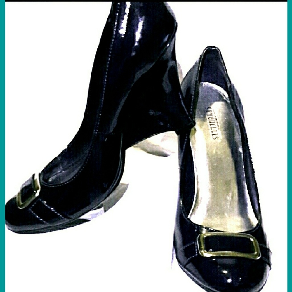 Seychelles Navy Patent stilletto/wedge 6.5m