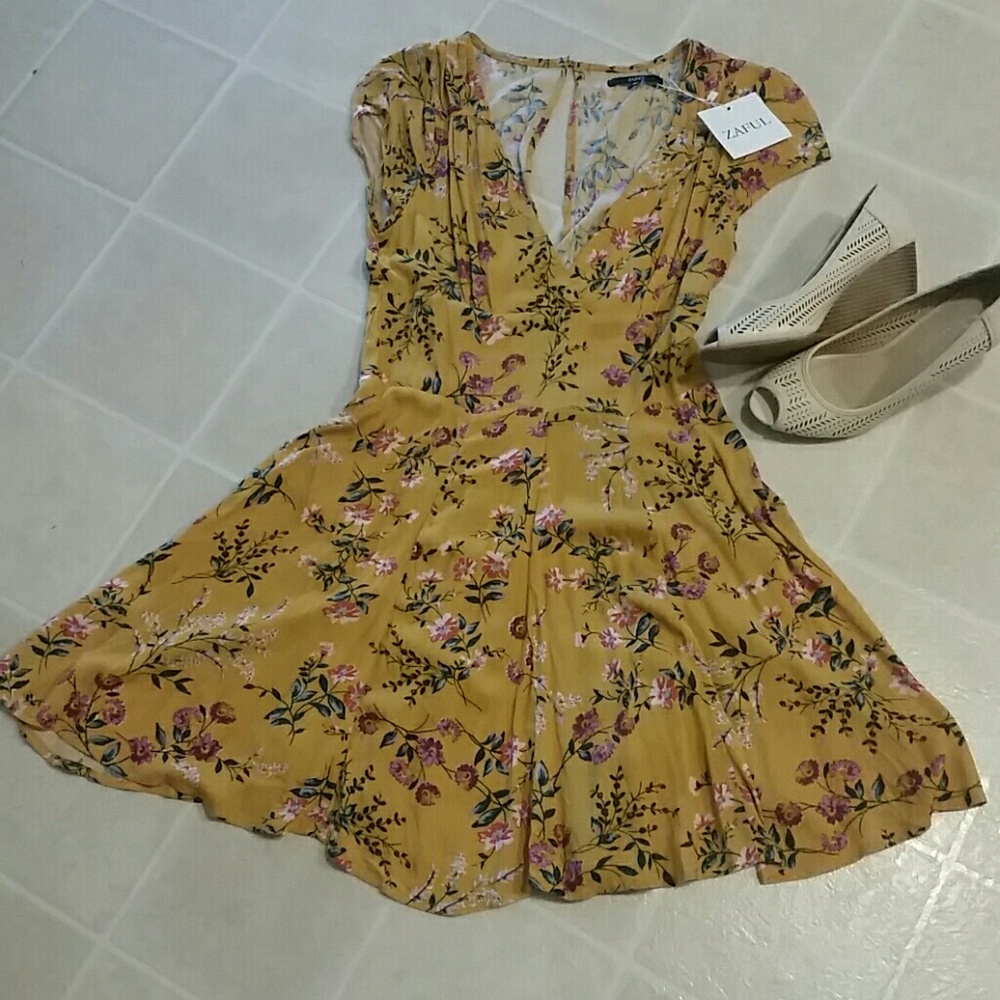 NWT Mustard Floral Dress with Cutouts
