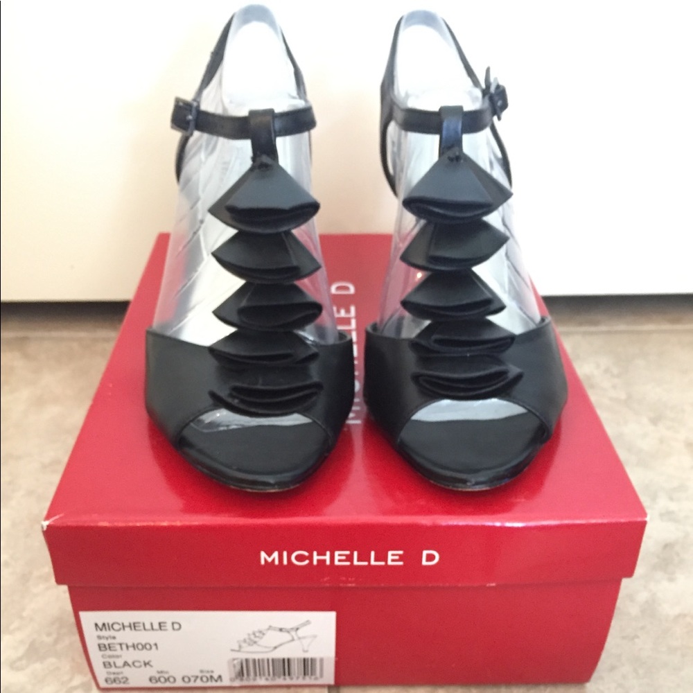 MICHELLE D Black Ruffle Ankle Strap Heels