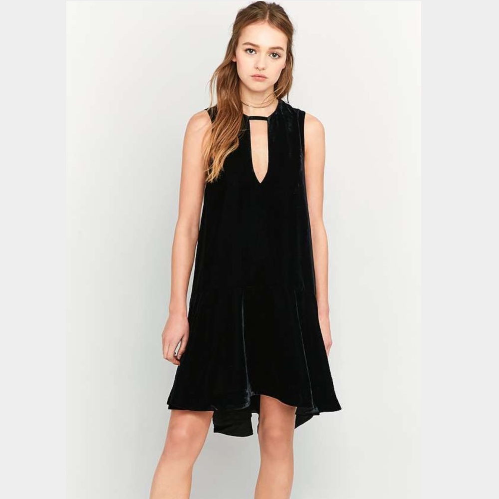 Free People Black Velour Hi Lo Ruffle Hem Dress
