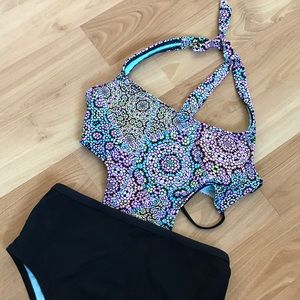 Blue and black one piece swimsuit