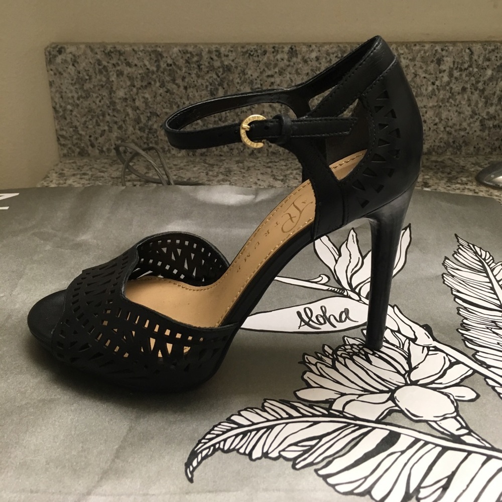 Black Leather Open-Toe Heels