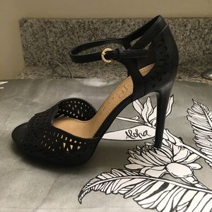 Black Leather Open-Toe Heels