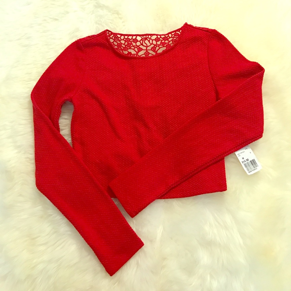 Textured red lace detailed crop top