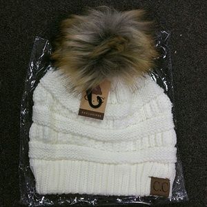 NWT CC Fur Beanie Knit Hat Ivory
