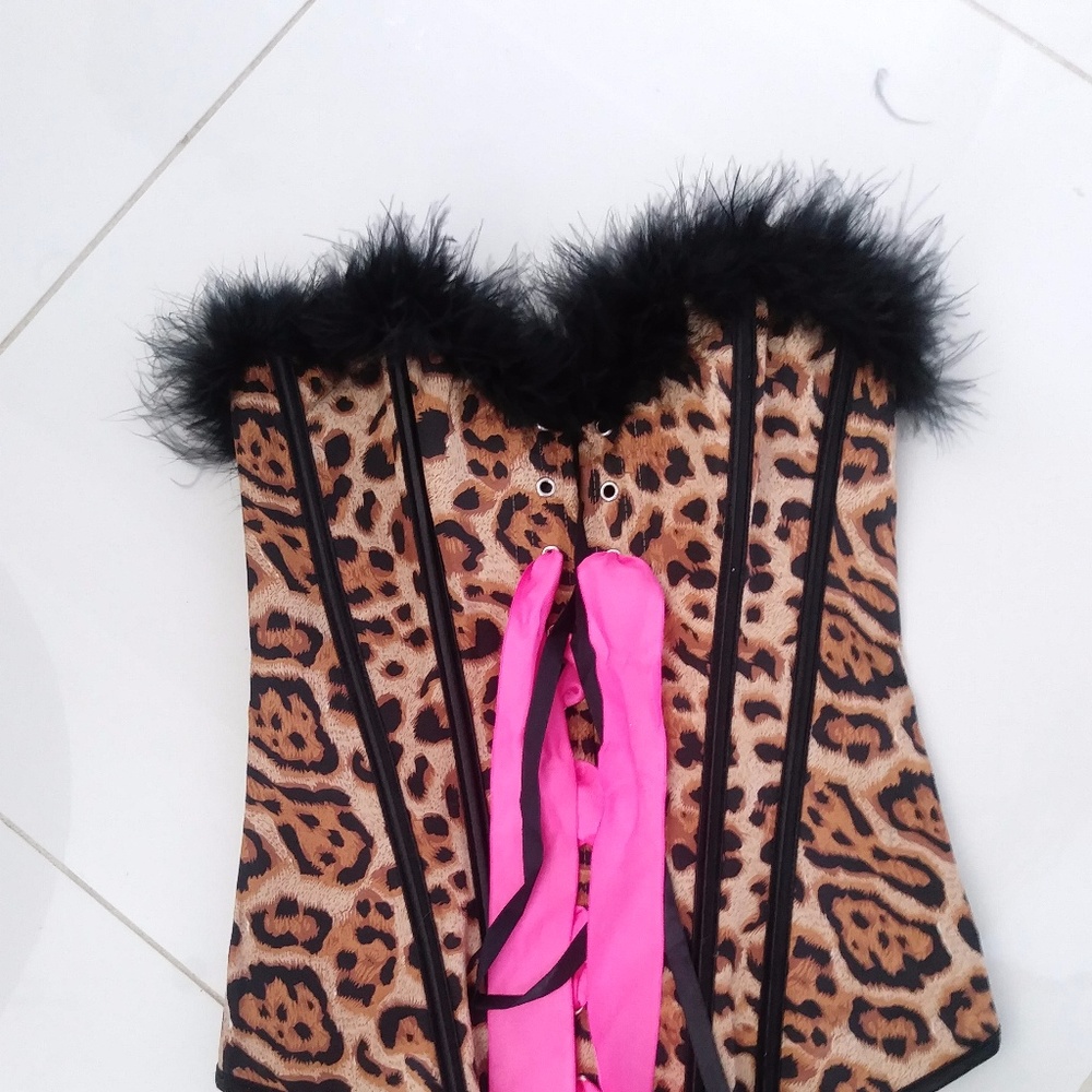 NWT FEATHER TRIM SATIN LEOPARD CORSET SIZE SMALL