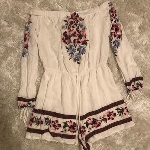 Off the shoulder off white floral romper
