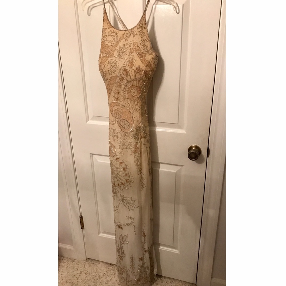 Gold Silk Beaded Evening Dress