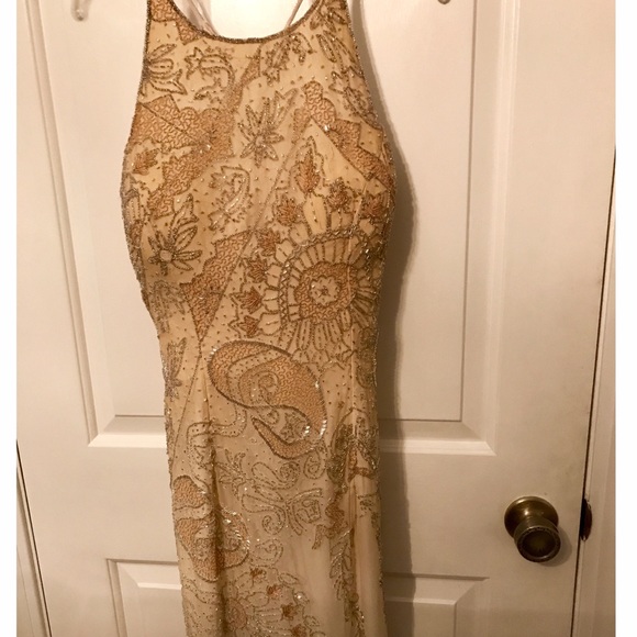 Gold Silk Beaded Evening Dress - Picture 2 of 3
